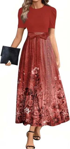 Dresses for Women 2025 Short Sleeve Round Neck Knee Length Dress A Line Long Flowy Beach Dress