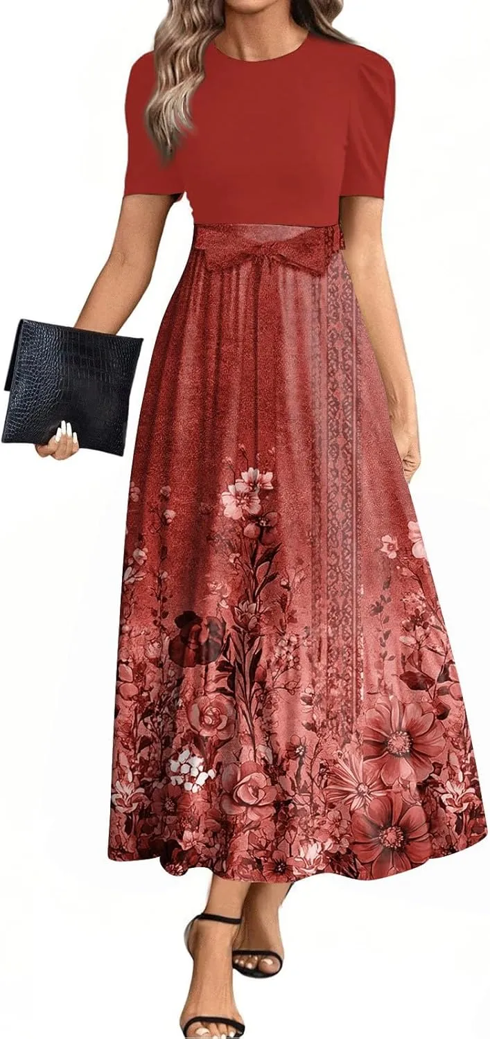 Dresses for Women 2025 Short Sleeve Round Neck Knee Length Dress A Line Long Flowy Beach Dress