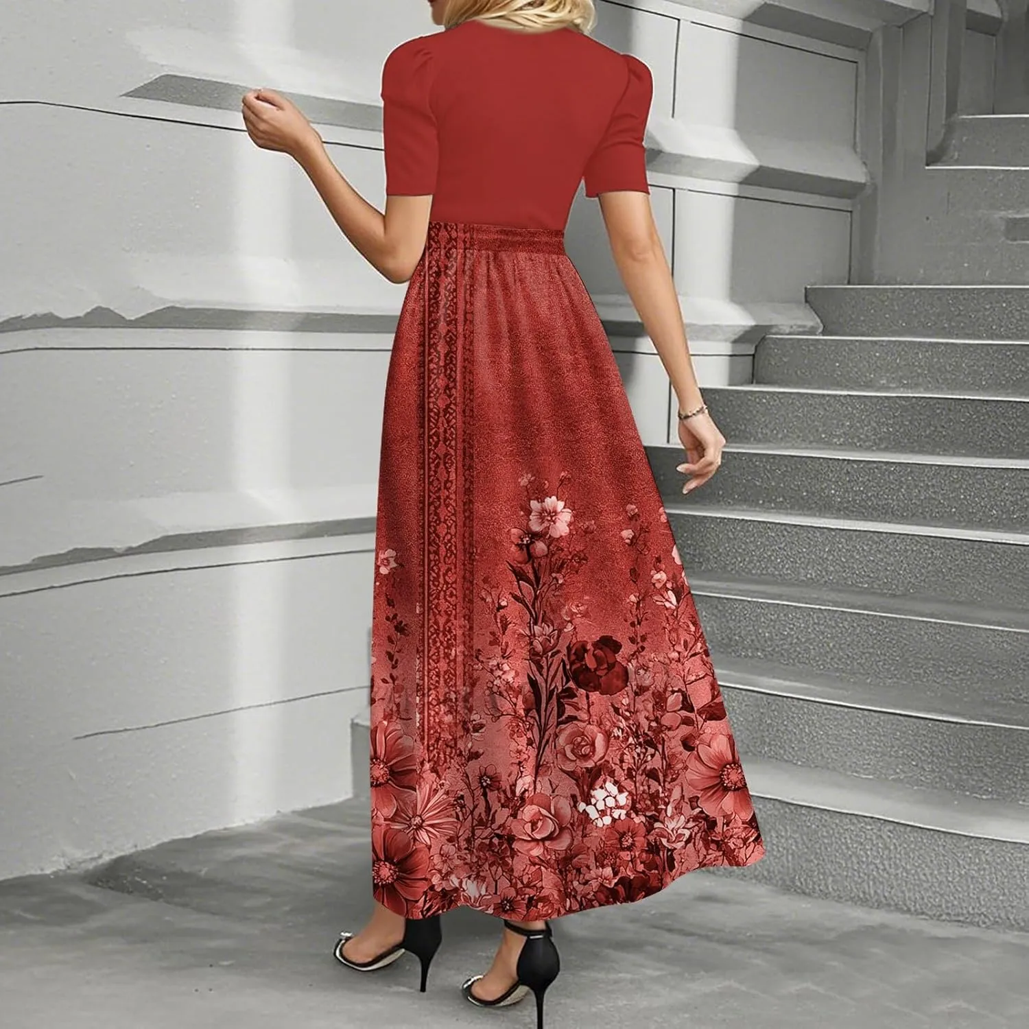 Dresses for Women 2025 Short Sleeve Round Neck Knee Length Dress A Line Long Flowy Beach Dress