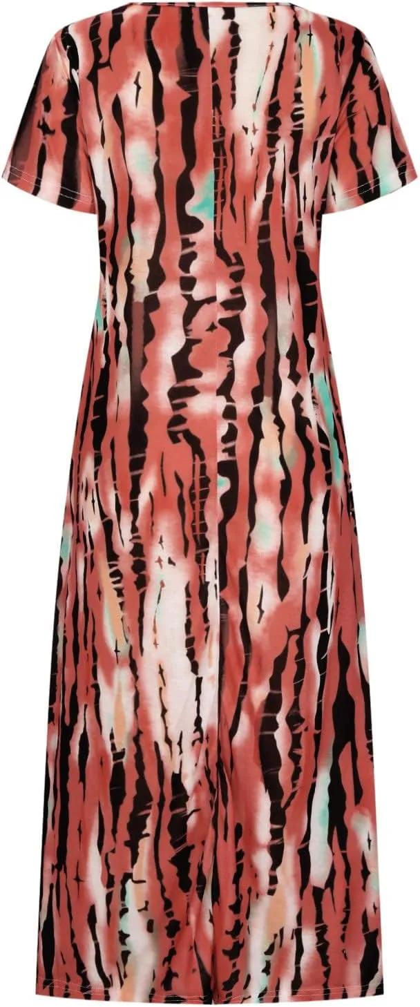 Dresses for Women 2025 Summer Casual Loose Fit Short Sleeve Crew Neck Maxi Dress Vintage Tie-Dye Print Beach Dress