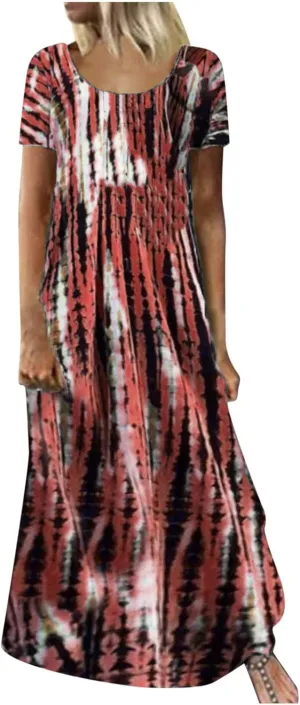 Dresses for Women 2025 Summer Casual Loose Fit Short Sleeve Crew Neck Maxi Dress Vintage Tie-Dye Print Beach Dress