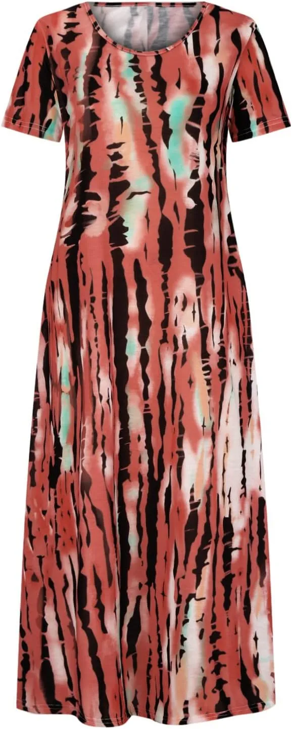 Dresses for Women 2025 Summer Casual Loose Fit Short Sleeve Crew Neck Maxi Dress Vintage Tie-Dye Print Beach Dress