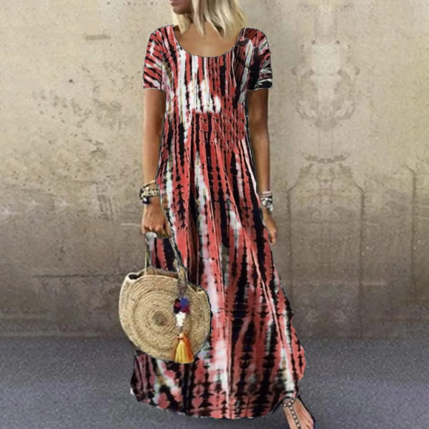 Dresses for Women 2025 Summer Casual Loose Fit Short Sleeve Crew Neck Maxi Dress Vintage Tie-Dye Print Beach Dress