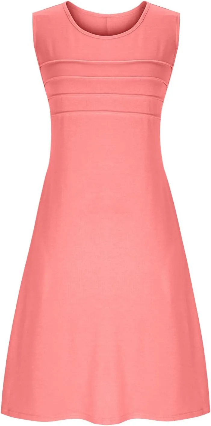Dresses for Women 2025 Summer Pleated Sleeveless Sundresses Casual Round Neck Dress Beach Vacation Sundress