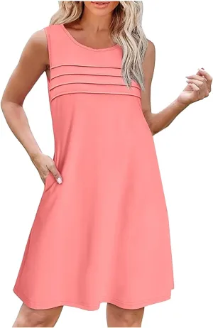 Dresses for Women 2025 Summer Pleated Sleeveless Sundresses Casual Round Neck Dress Beach Vacation Sundress