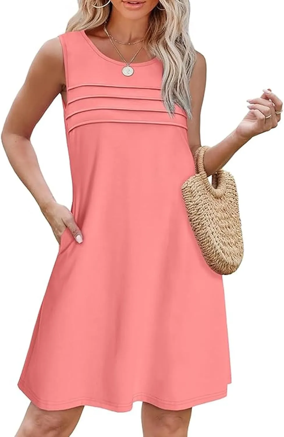 Dresses for Women 2025 Summer Pleated Sleeveless Sundresses Casual Round Neck Dress Beach Vacation Sundress