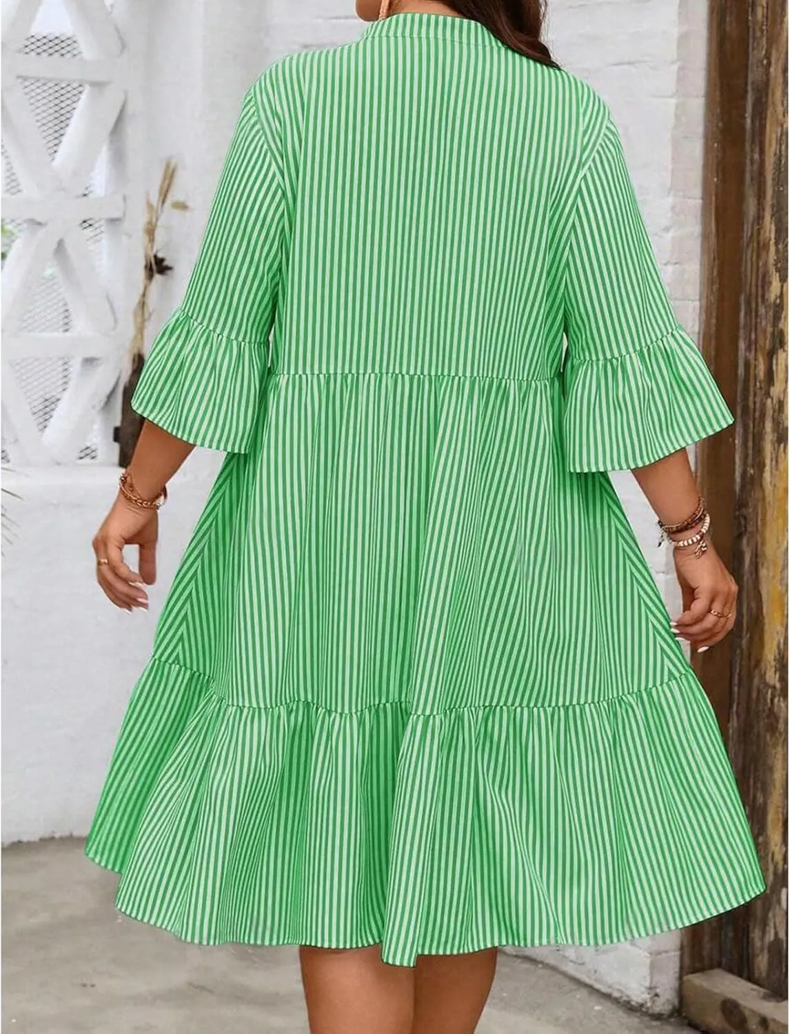Dresses for Women 2025 Summer Striped Ruffle Mini Dress V Neck Short Sleeve Dresses Loose A Line Flowy Beach Dress