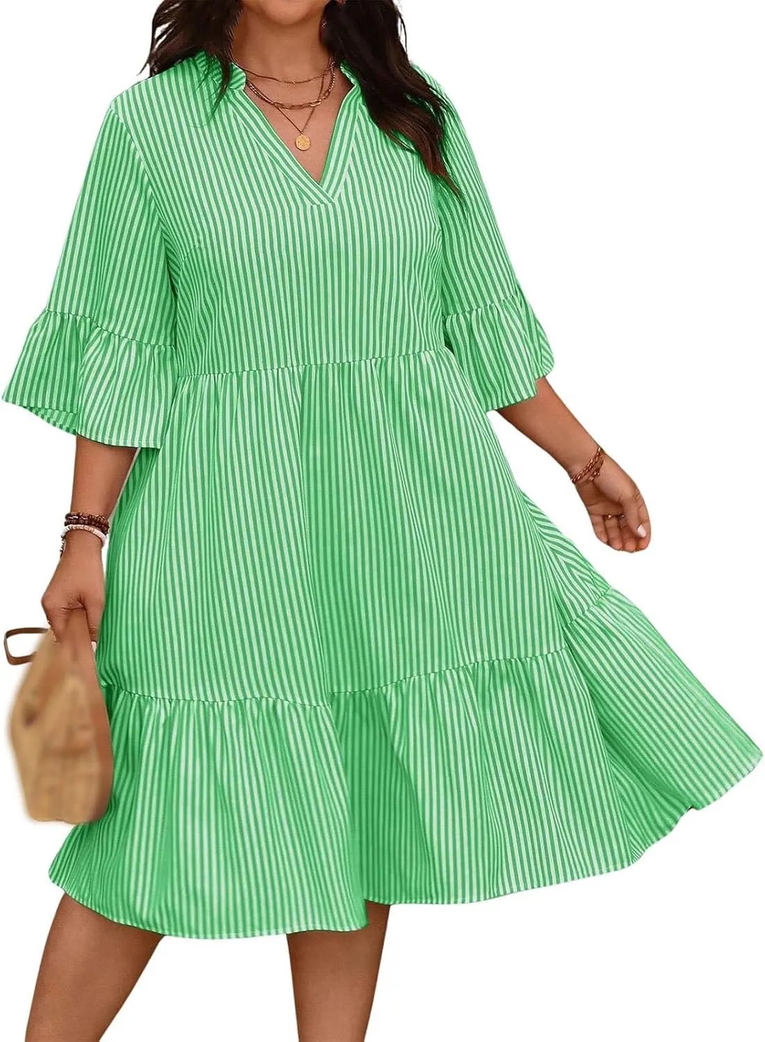 Dresses for Women 2025 Summer Striped Ruffle Mini Dress V Neck Short Sleeve Dresses Loose A Line Flowy Beach Dress