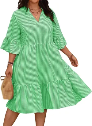 Dresses for Women 2025 Summer Striped Ruffle Mini Dress V Neck Short Sleeve Dresses Loose A Line Flowy Beach Dress
