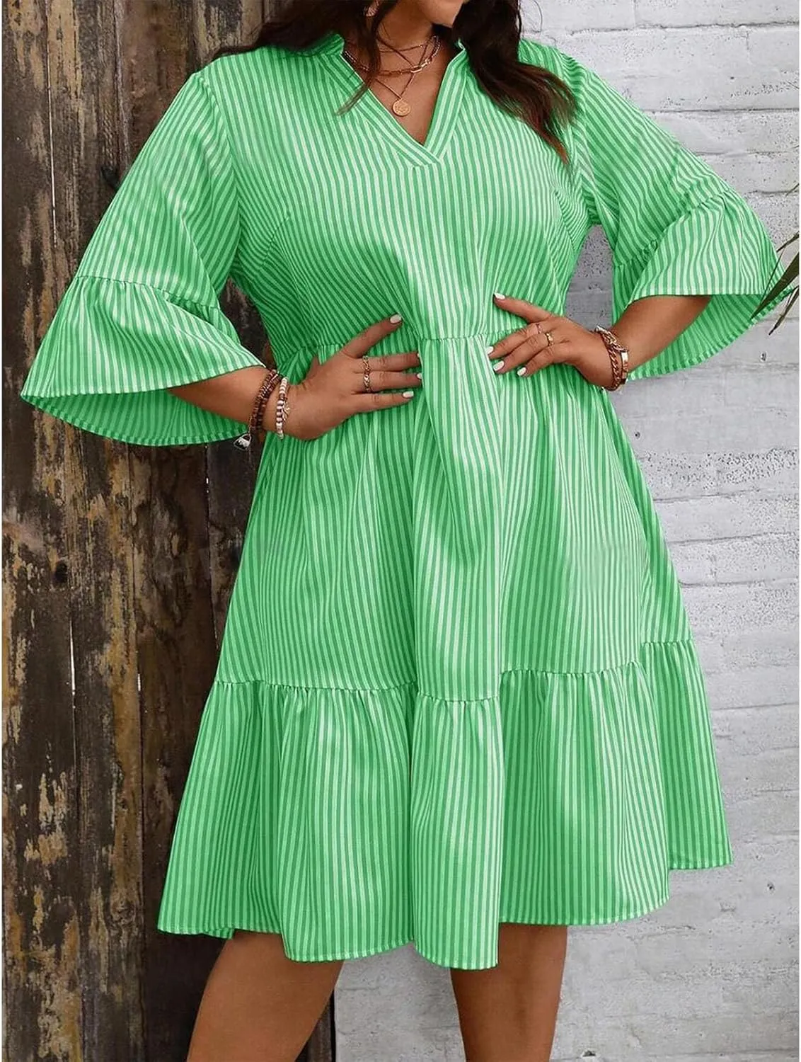Dresses for Women 2025 Summer Striped Ruffle Mini Dress V Neck Short Sleeve Dresses Loose A Line Flowy Beach Dress