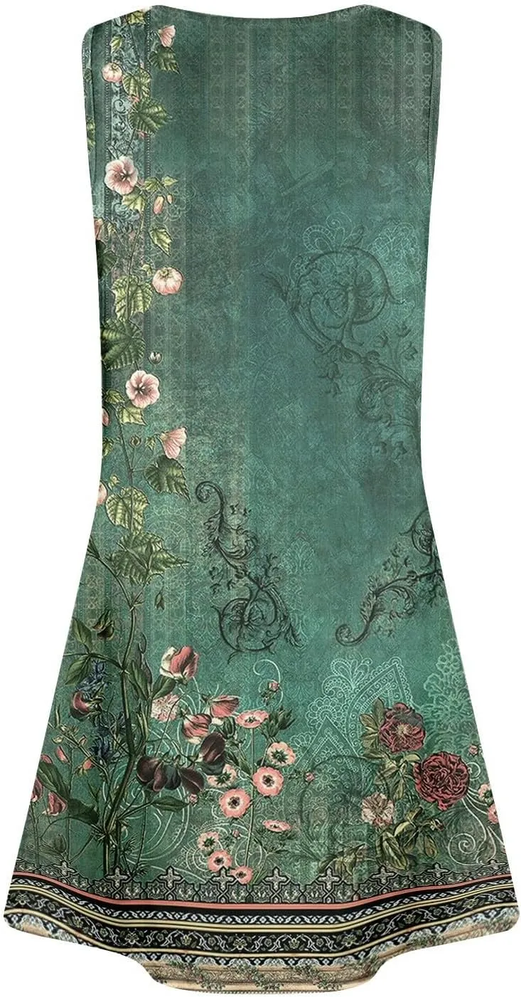 Dresses for Women Casual Summer Boho Beach Dress Loose V Neck Sleeveless Sundresses Swimsuit Coverup with Pockets