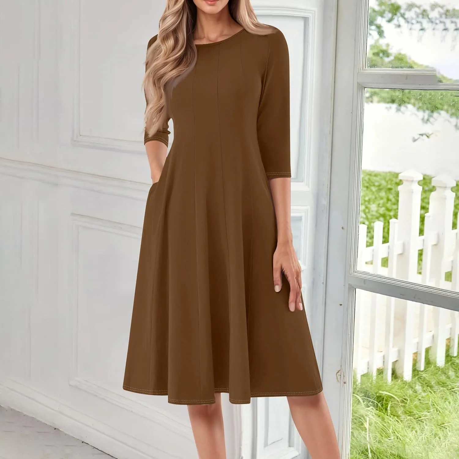 Dresses for Women Casual Summer Crewneck 3/4 Sleeve Midi Dress A Line Dresses with Pockets