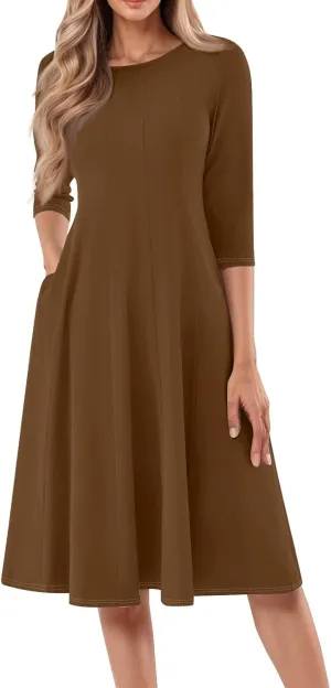 Dresses for Women Casual Summer Crewneck 3/4 Sleeve Midi Dress A Line Dresses with Pockets