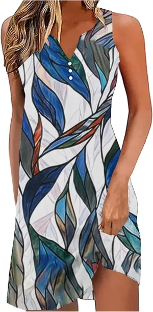 Dresses for Women Casual Summer V Neck Sleeveless Plus Size Dresses Loose Tank Sundresses Floral Retro Midi Dress