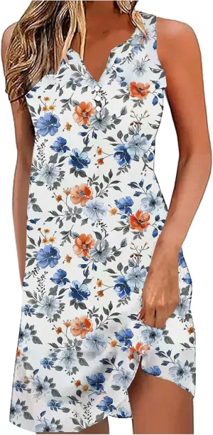 Dresses for Women Casual Summer V Neck Sleeveless Plus Size Dresses Loose Tank Sundresses Floral Retro Midi Dress