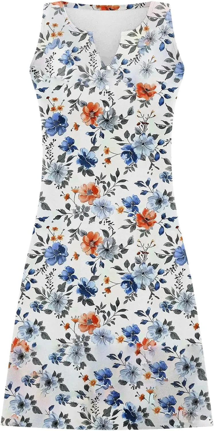Dresses for Women Casual Summer V Neck Sleeveless Plus Size Dresses Loose Tank Sundresses Floral Retro Midi Dress