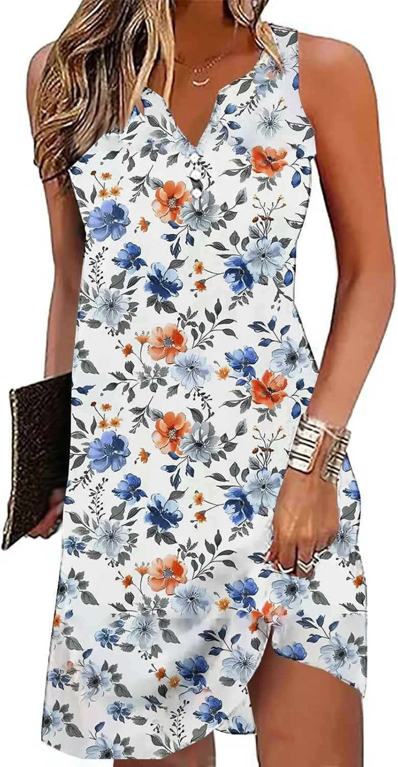 Dresses for Women Casual Summer V Neck Sleeveless Plus Size Dresses Loose Tank Sundresses Floral Retro Midi Dress