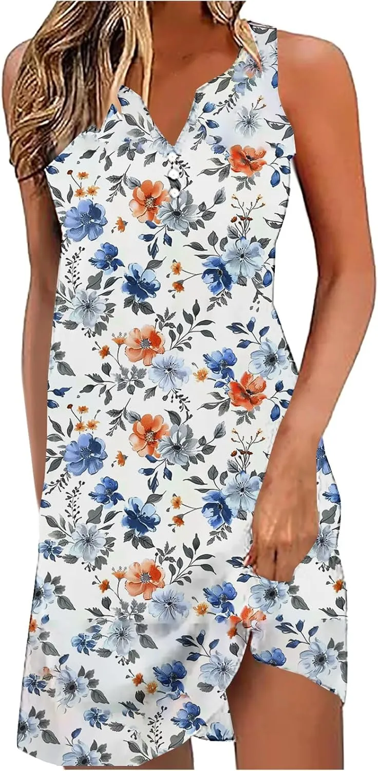 Dresses for Women Casual Summer V Neck Sleeveless Plus Size Dresses Loose Tank Sundresses Floral Retro Midi Dress