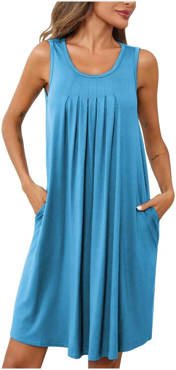 Dresses for Women Pleated Crew Neck Sleeveless Beach Mini Dress 2025 Trendy Vacation Summer Comfy Dresses with Pocket