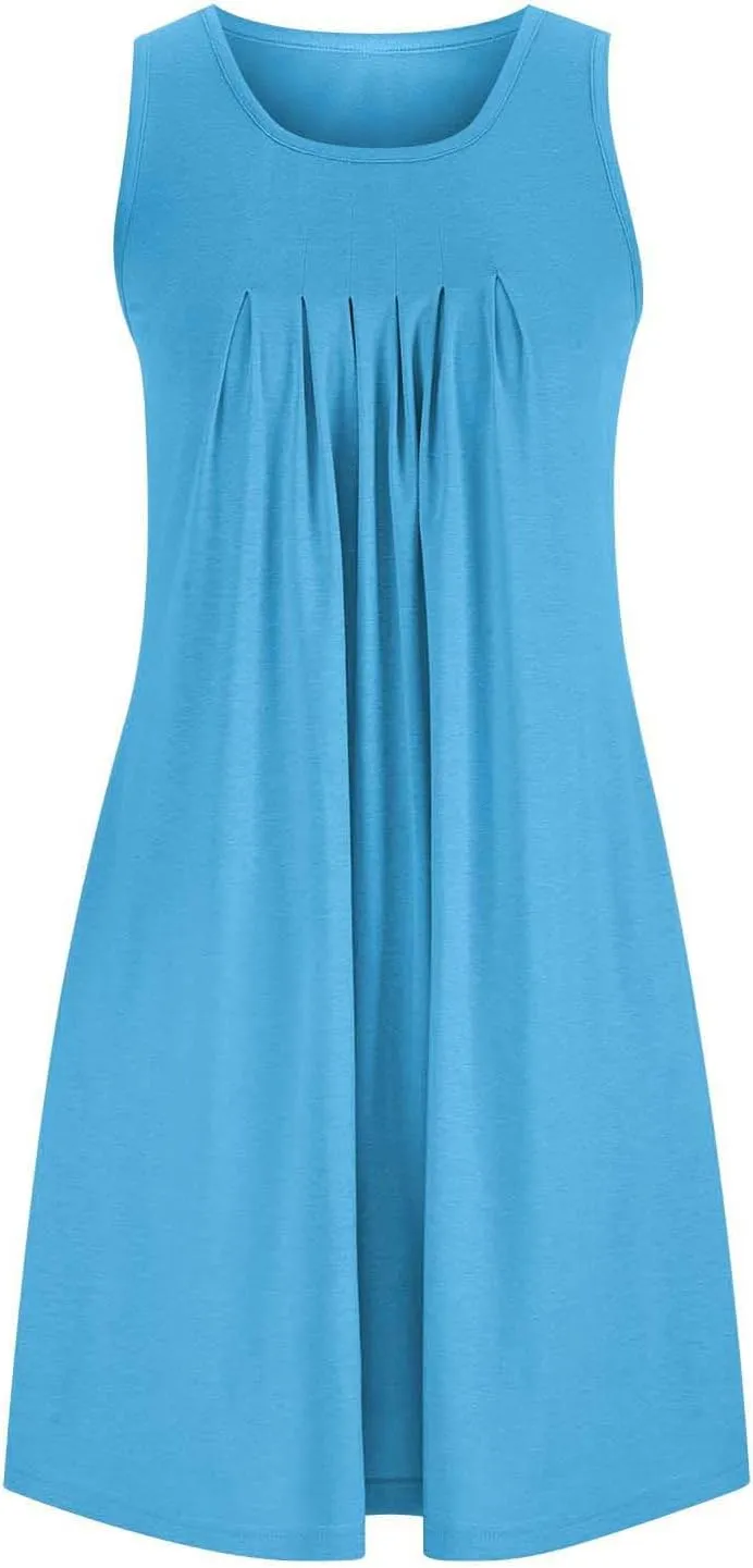 Dresses for Women Pleated Crew Neck Sleeveless Beach Mini Dress 2025 Trendy Vacation Summer Comfy Dresses with Pocket