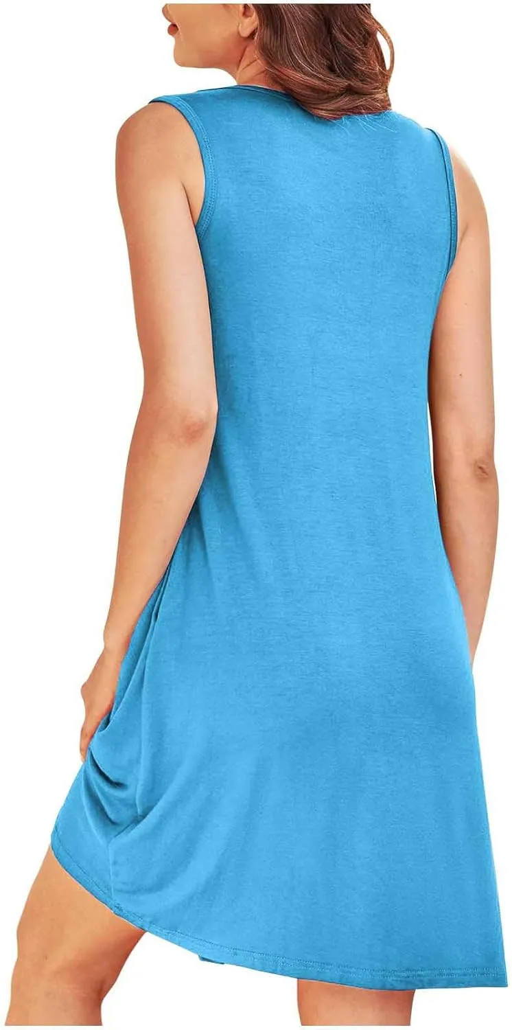 Dresses for Women Pleated Crew Neck Sleeveless Beach Mini Dress 2025 Trendy Vacation Summer Comfy Dresses with Pocket