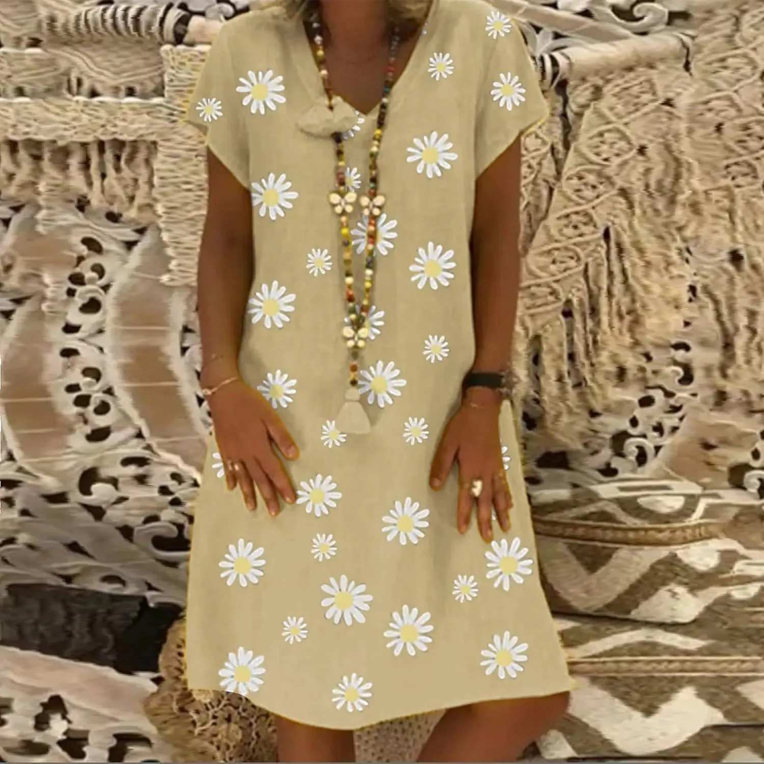 Dresses for Women Sexy Elegant V Neck Short Sleeve Summer Dress Fashion Polka Dot Dress Boho Floral Beach Sundresses