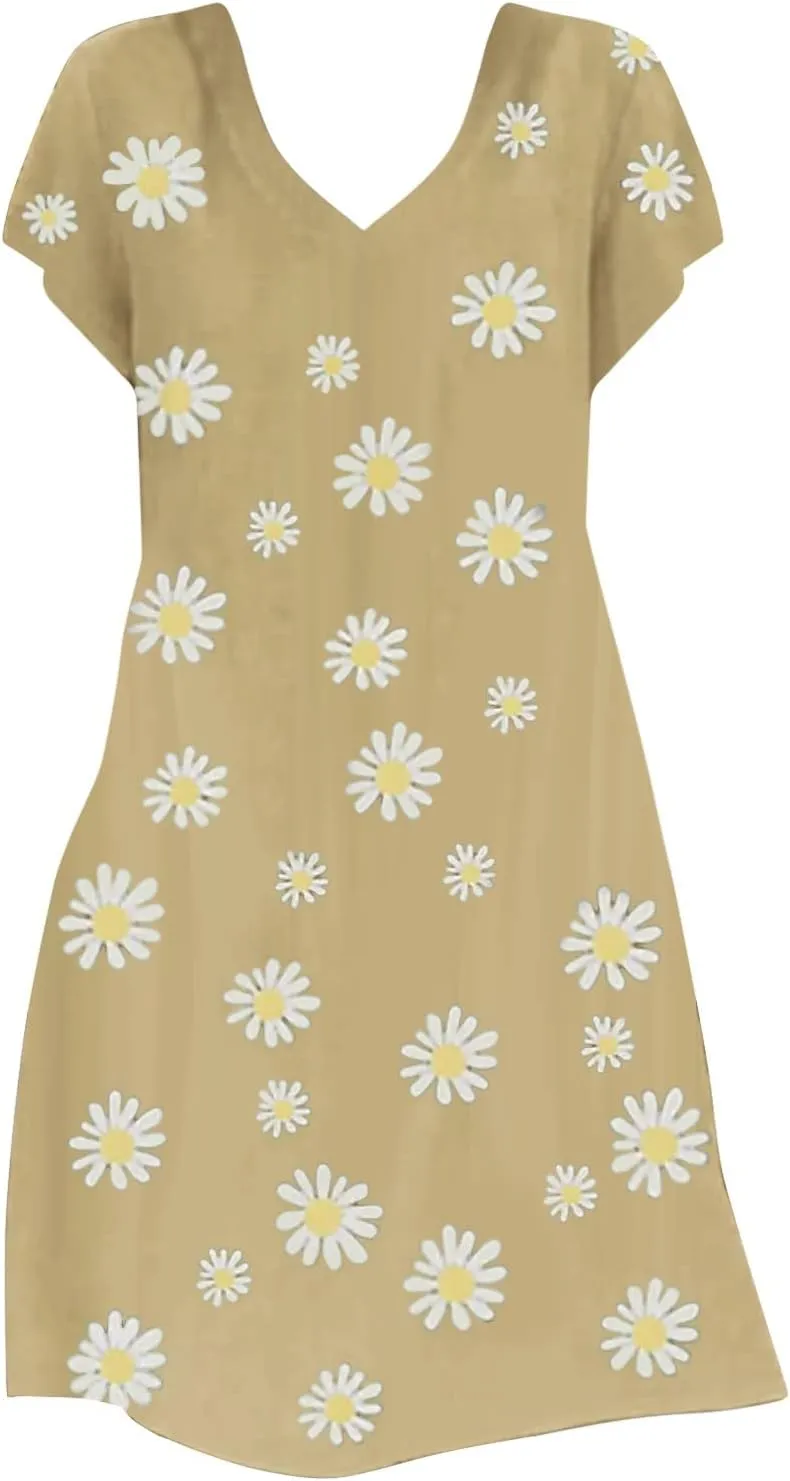 Dresses for Women Sexy Elegant V Neck Short Sleeve Summer Dress Fashion Polka Dot Dress Boho Floral Beach Sundresses
