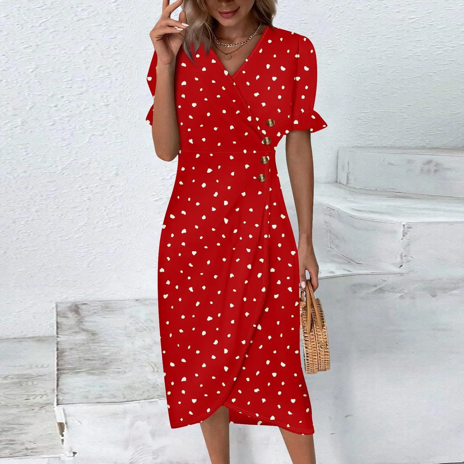 Dresses for Women Summer Boho Floral Print V Neck Maxi Wrap Dress Ruffle A-Line Flowy Maxi Wedding Guest Dresses