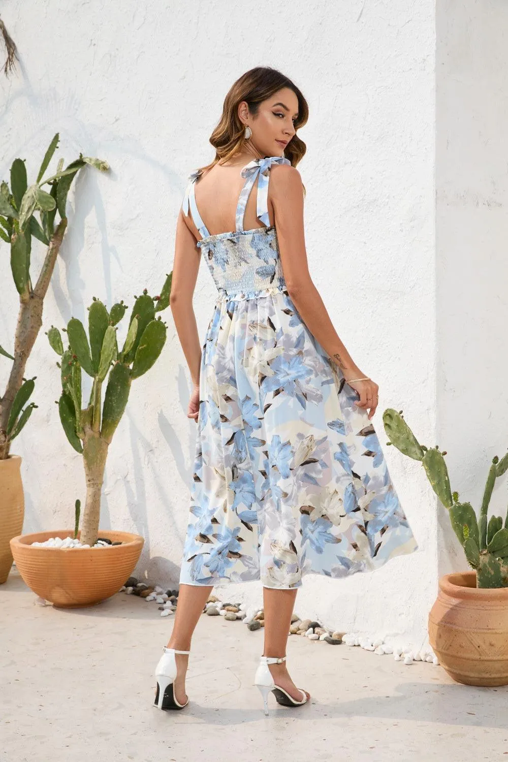 Effortless Chic Smocked Tie Shoulder Floral Midi Dress