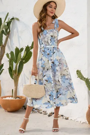 Effortless Chic Smocked Tie Shoulder Floral Midi Dress