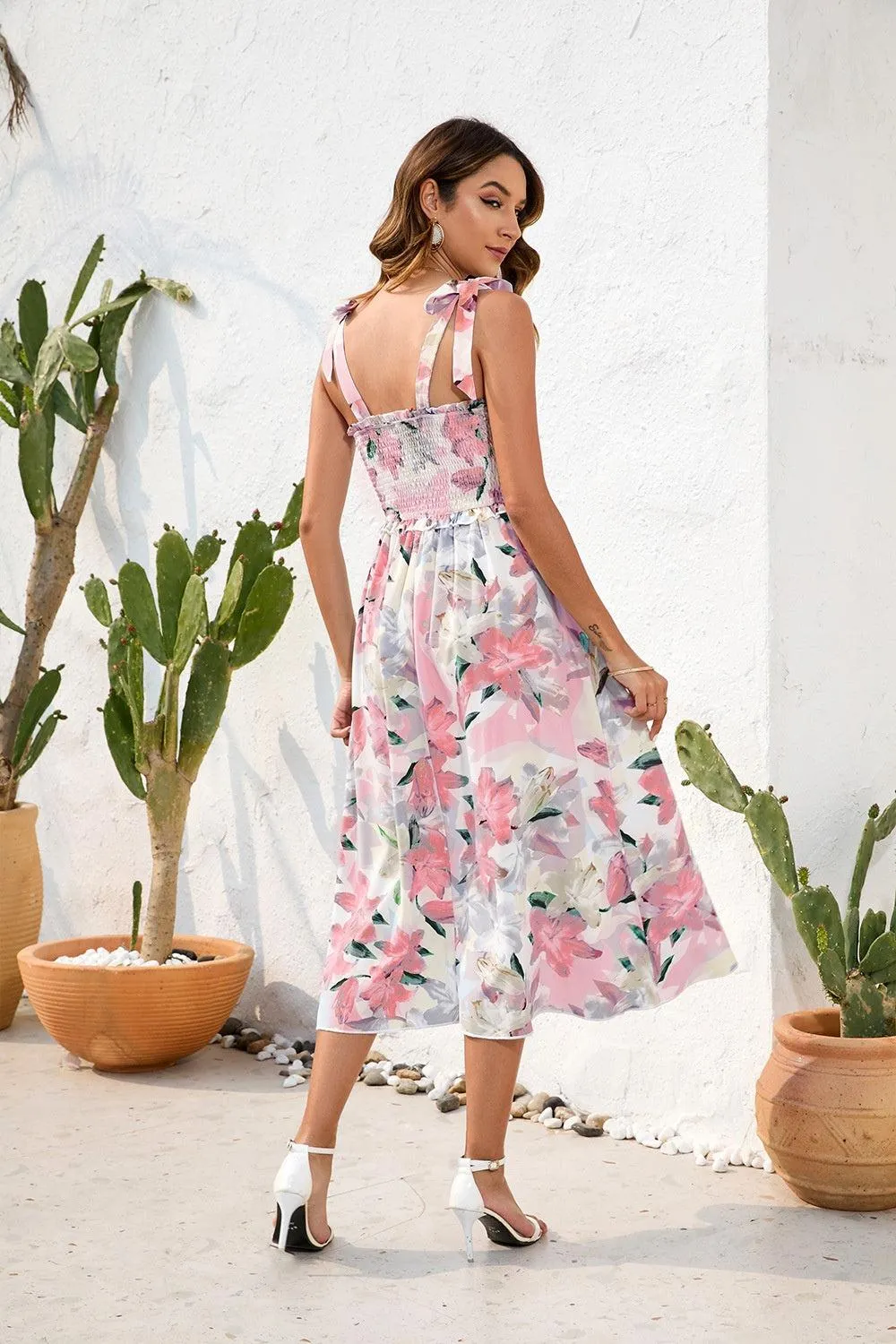Effortless Chic Smocked Tie Shoulder Floral Midi Dress