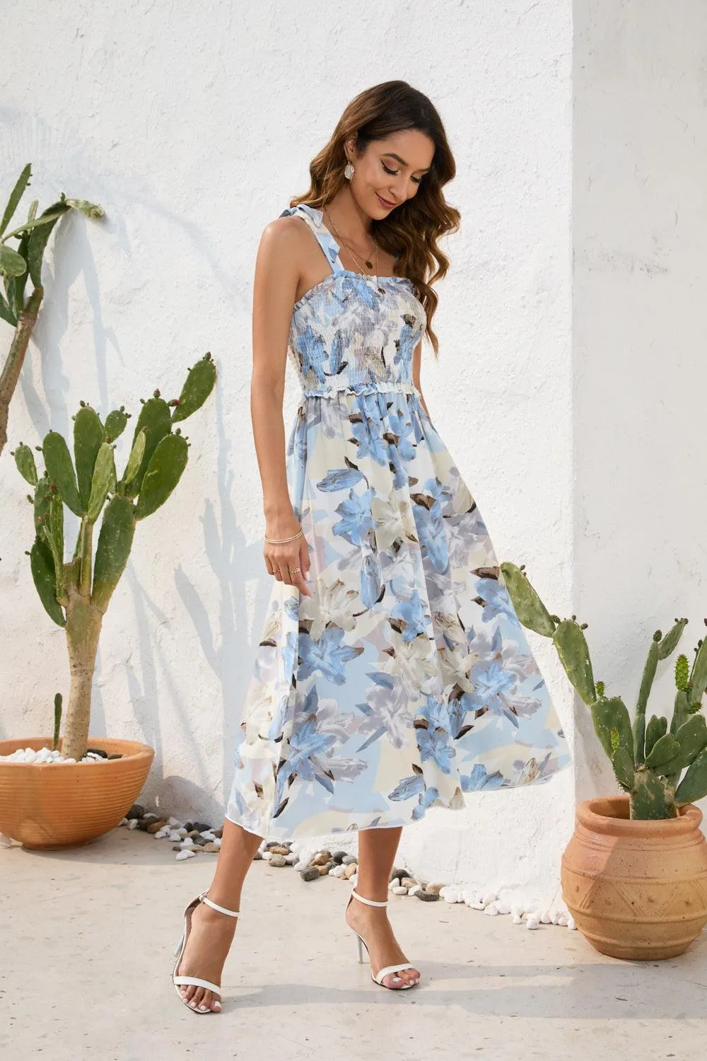 Effortless Chic Smocked Tie Shoulder Floral Midi Dress