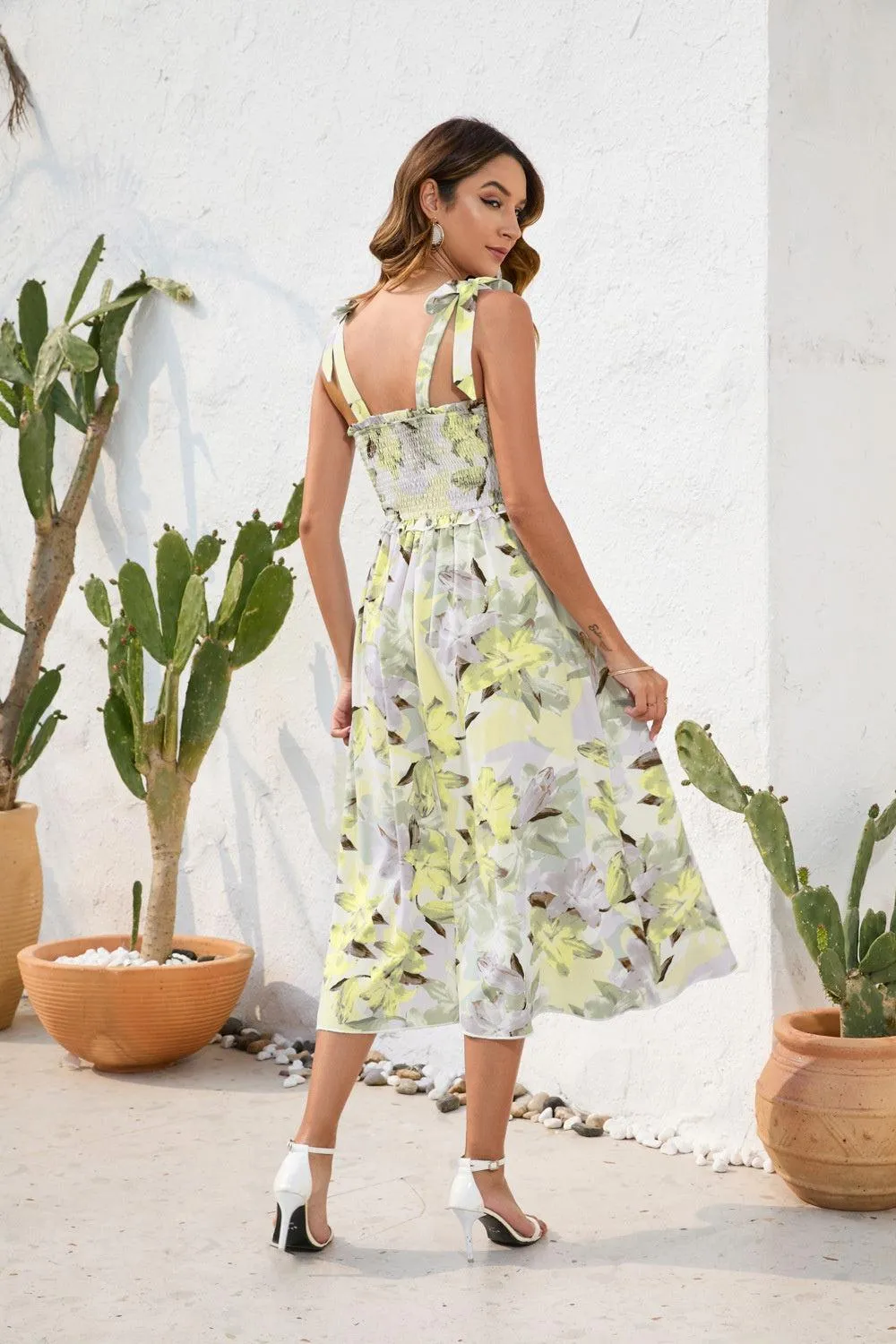 Effortless Chic Smocked Tie Shoulder Floral Midi Dress