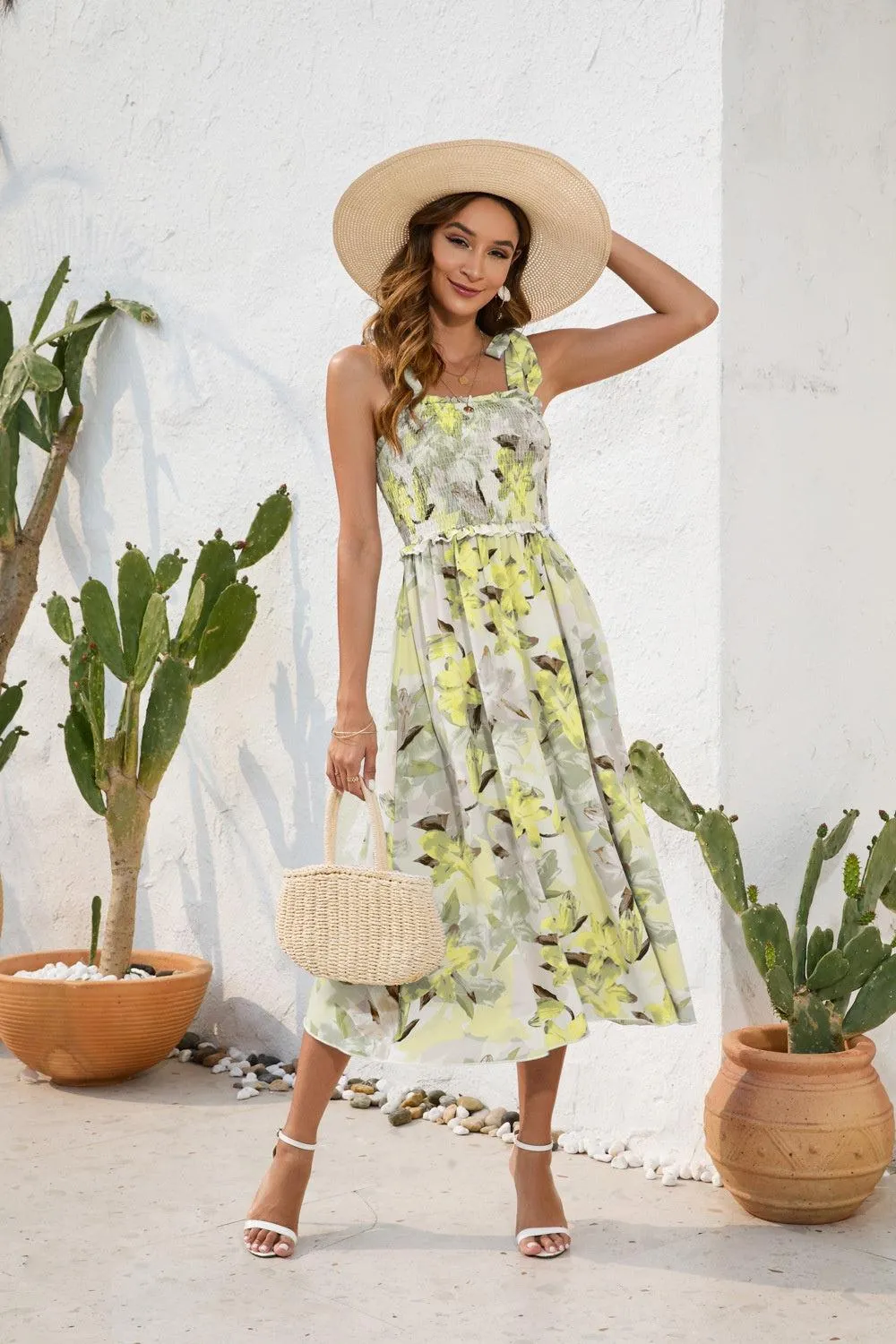 Effortless Chic Smocked Tie Shoulder Floral Midi Dress