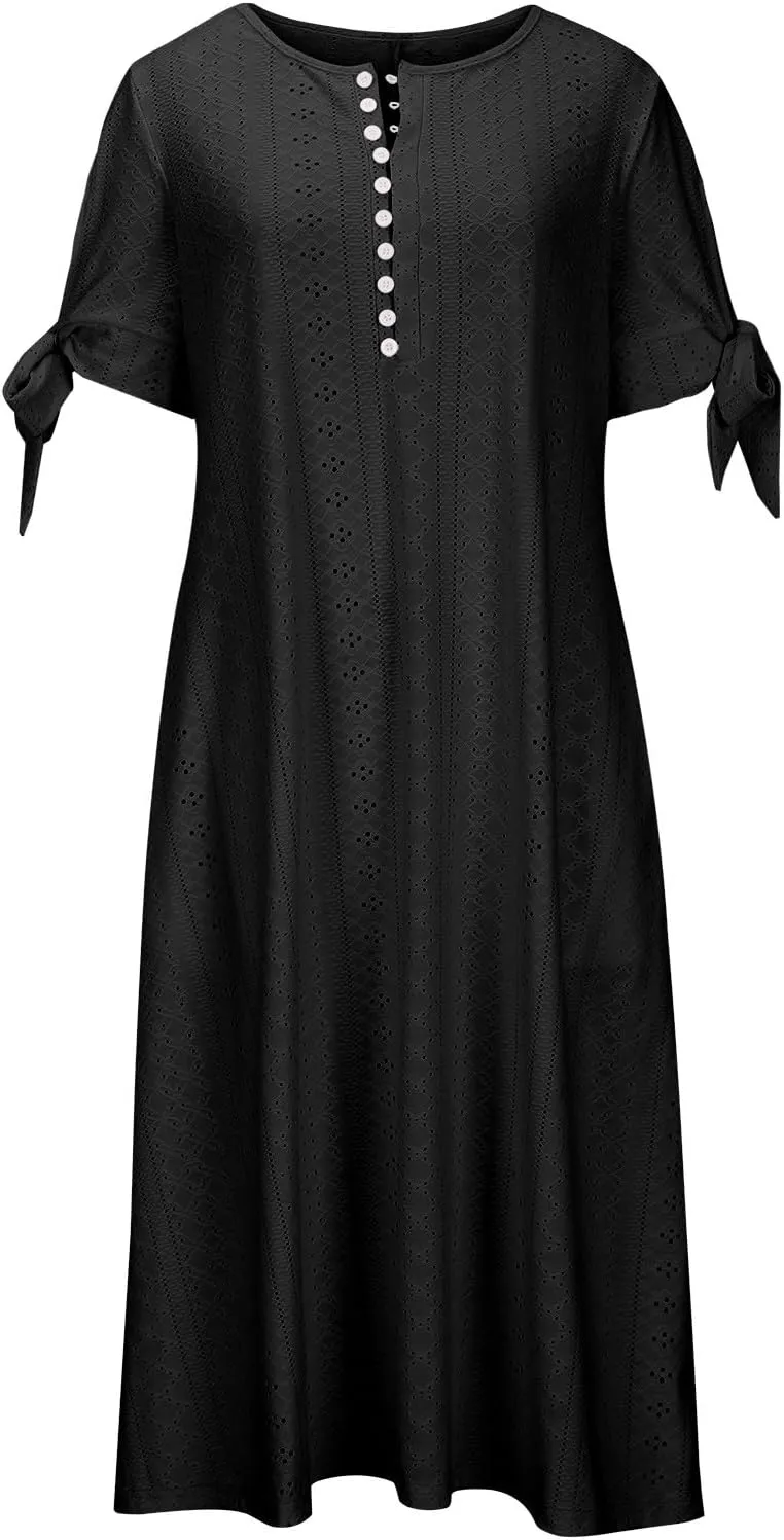 Elegant Summer Dresses for Women 2024 Trendy Tie Short Sleeve Button Down v Neck Eyelet Maxi Long Tshirt Dress