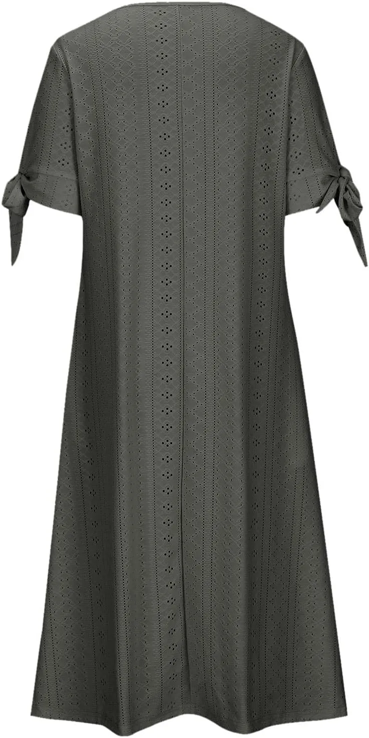 Eyelet Dress for Women Summer Beach Vacation Casual Cutout Short Sleeve Pleated V Neck Button Flowy Tshirt Midi Dresses