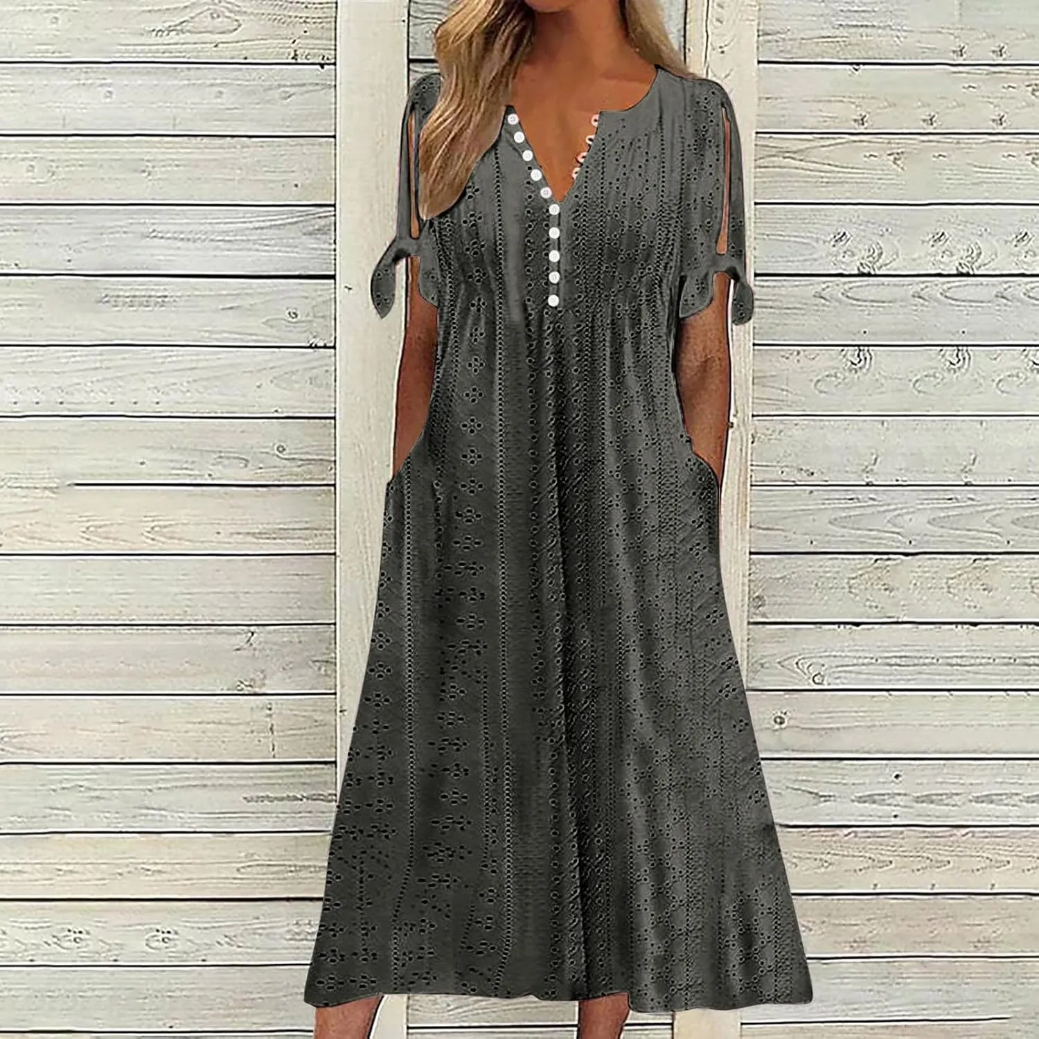 Eyelet Dress for Women Summer Beach Vacation Casual Cutout Short Sleeve Pleated V Neck Button Flowy Tshirt Midi Dresses