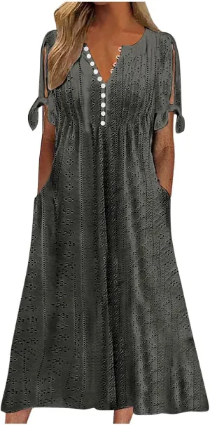 Eyelet Dress for Women Summer Beach Vacation Casual Cutout Short Sleeve Pleated V Neck Button Flowy Tshirt Midi Dresses