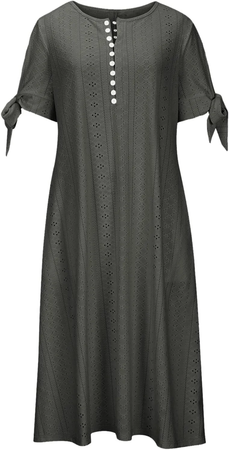 Eyelet Dress for Women Summer Beach Vacation Casual Cutout Short Sleeve Pleated V Neck Button Flowy Tshirt Midi Dresses