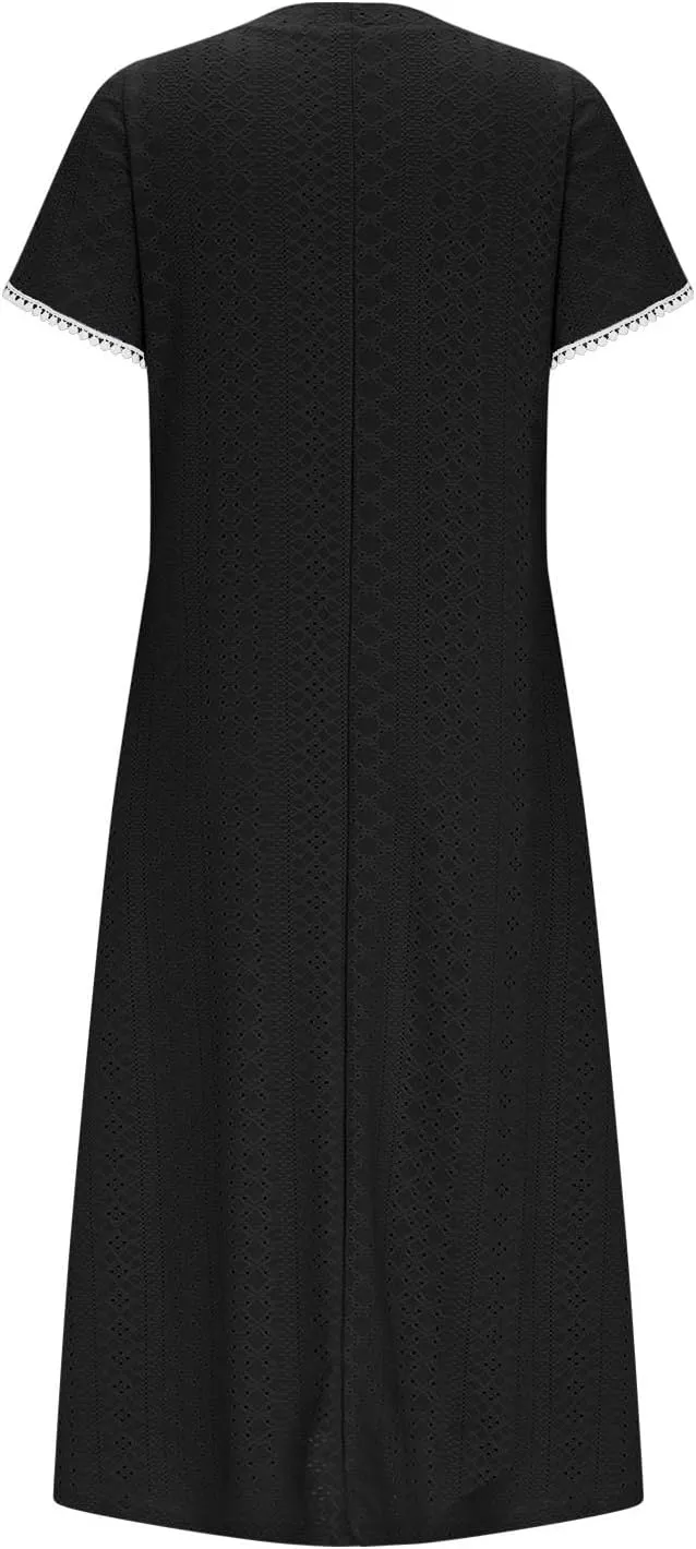 Eyelet Dress for Women Summer Vacation Crewneck Puff Short Sleeve Dress with Pocket Solid Casual Beach Midi Sundress