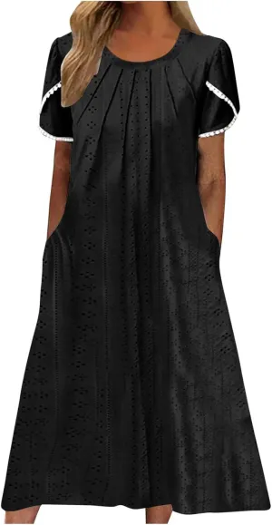 Eyelet Dress for Women Summer Vacation Crewneck Puff Short Sleeve Dress with Pocket Solid Casual Beach Midi Sundress