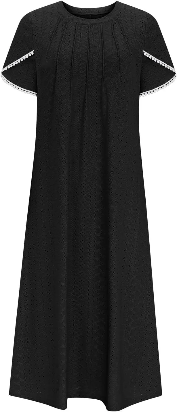 Eyelet Dress for Women Summer Vacation Crewneck Puff Short Sleeve Dress with Pocket Solid Casual Beach Midi Sundress
