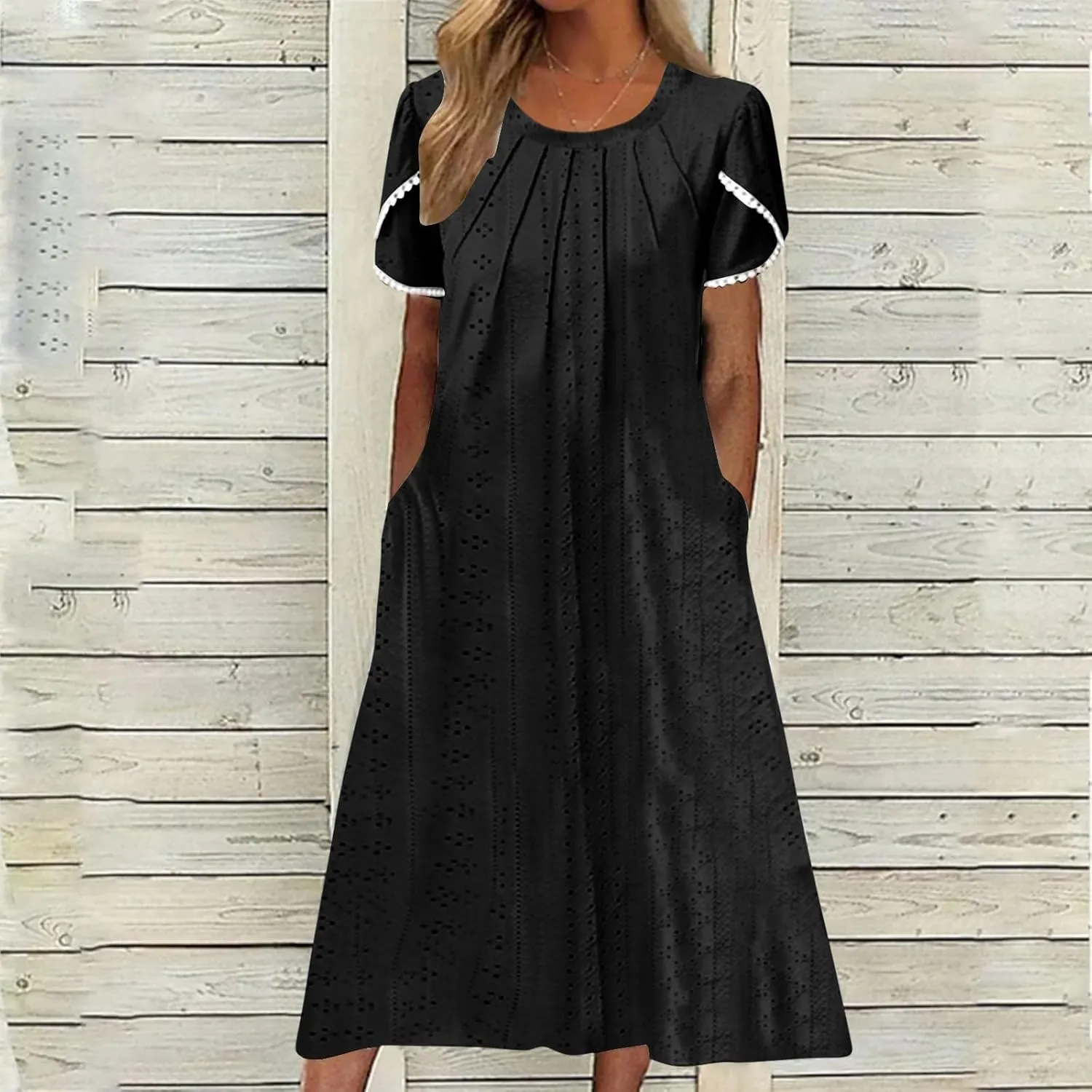 Eyelet Dress for Women Summer Vacation Crewneck Puff Short Sleeve Dress with Pocket Solid Casual Beach Midi Sundress
