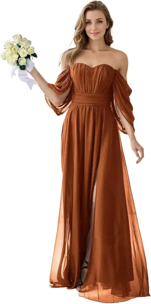 Fair Lady Bridesmaid Dresses for Women Long Chiffon Ruffle Off The Shoulder Formal Evening Party Gowns with Slit