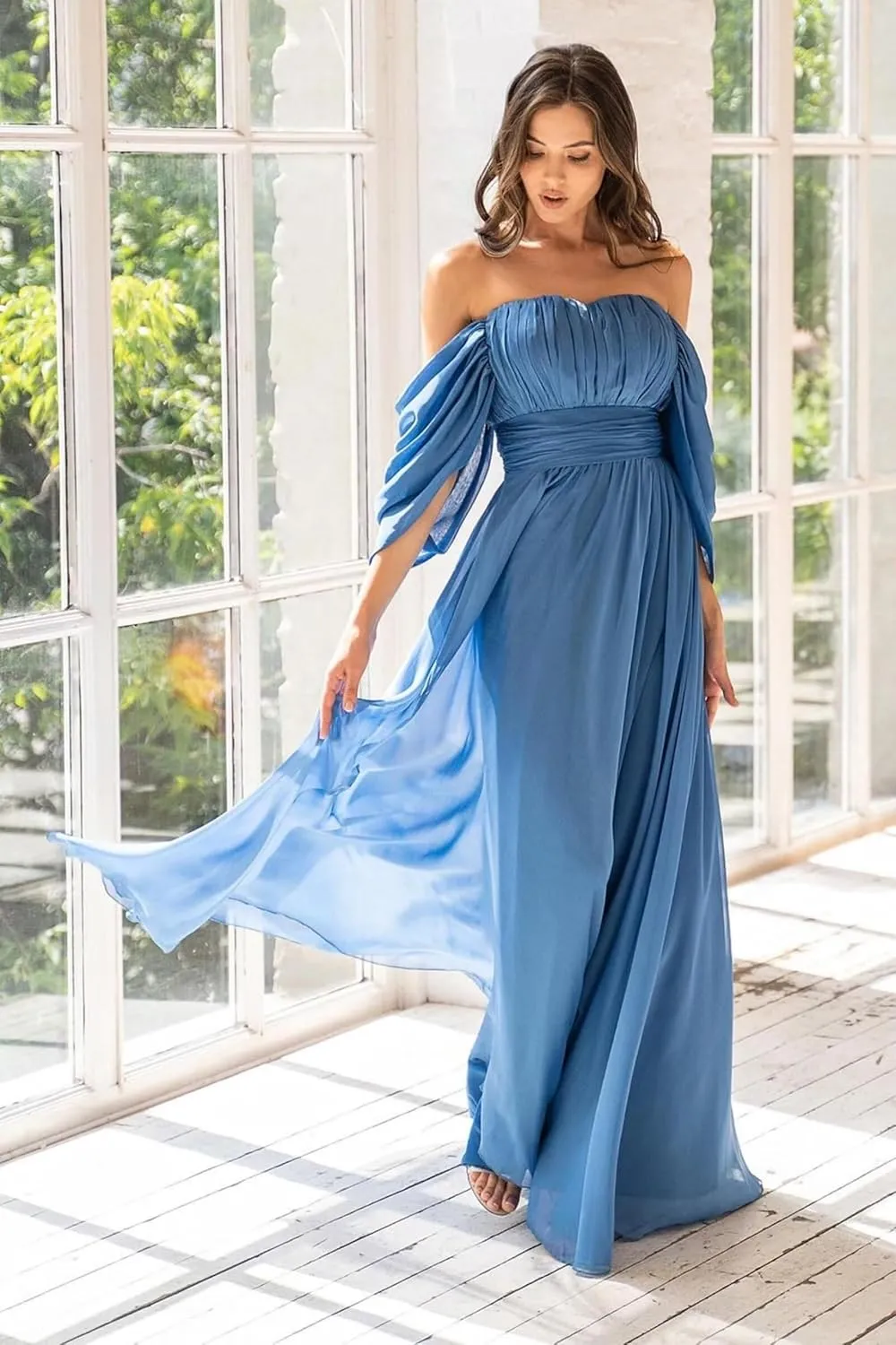 Fair Lady Bridesmaid Dresses for Women Long Chiffon Ruffle Off The Shoulder Formal Evening Party Gowns with Slit