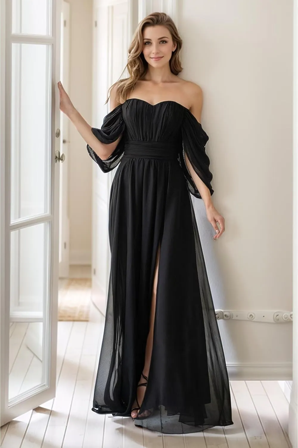 Fair Lady Bridesmaid Dresses for Women Long Chiffon Ruffle Off The Shoulder Formal Evening Party Gowns with Slit