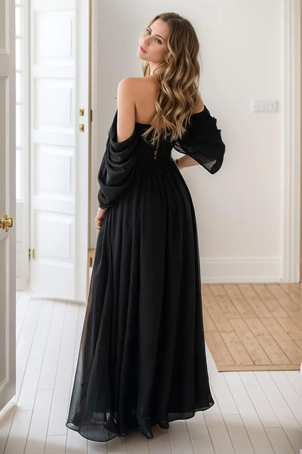 Fair Lady Bridesmaid Dresses for Women Long Chiffon Ruffle Off The Shoulder Formal Evening Party Gowns with Slit