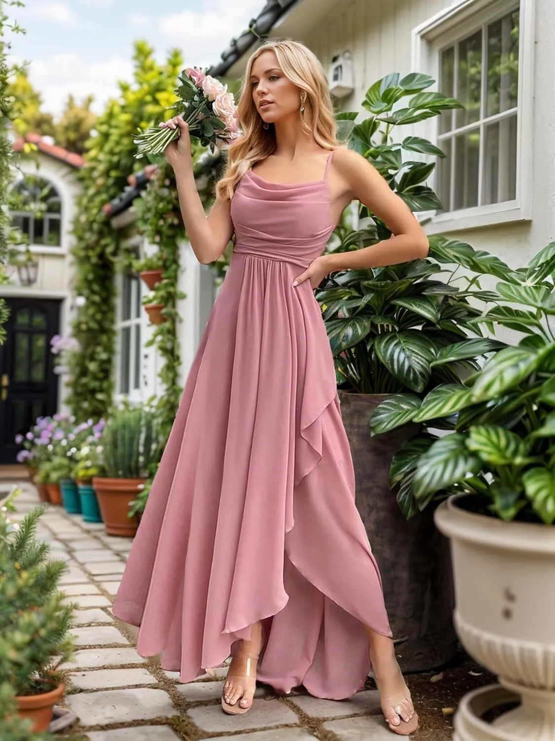 Fair Lady Women's Chiffon Bridesmaid Dresses for Wedding Long Spaghetti Straps Ruffle Formal Evening Party Gowns with Slit