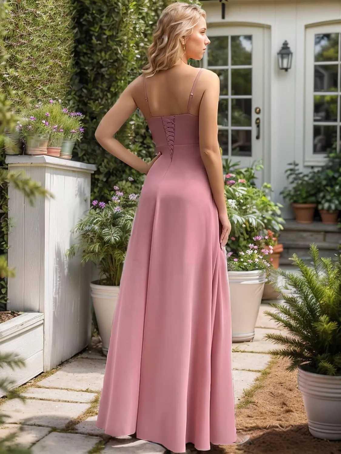Fair Lady Women's Chiffon Bridesmaid Dresses for Wedding Long Spaghetti Straps Ruffle Formal Evening Party Gowns with Slit