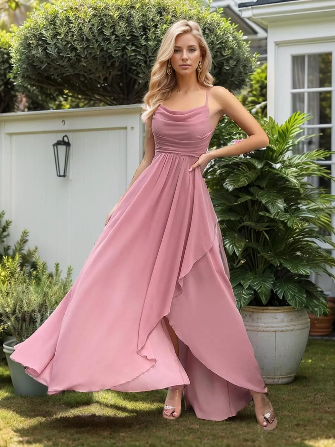 Fair Lady Women's Chiffon Bridesmaid Dresses for Wedding Long Spaghetti Straps Ruffle Formal Evening Party Gowns with Slit